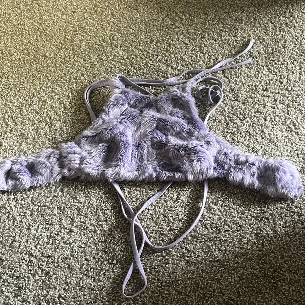High neck fur tie back halter crop